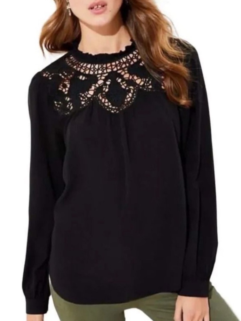 LOFT Cutout Lace Yoke Blouse Black Long Sleeve Boho Romantic